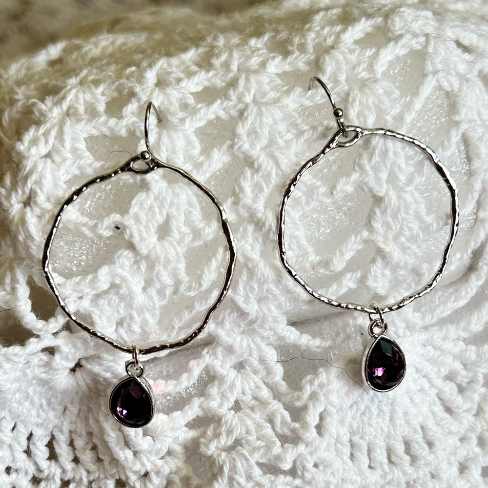 Purple -Textured Silver Hoop Drop Earrings Dark Purple Charm Formal Casual Chic